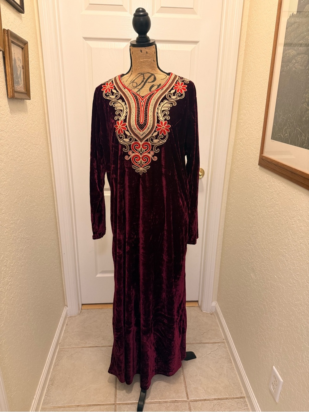 Reham XXXL Burgundy Velvet Kaftan Maxi Dress Embroidered Middle Eastern 3XL